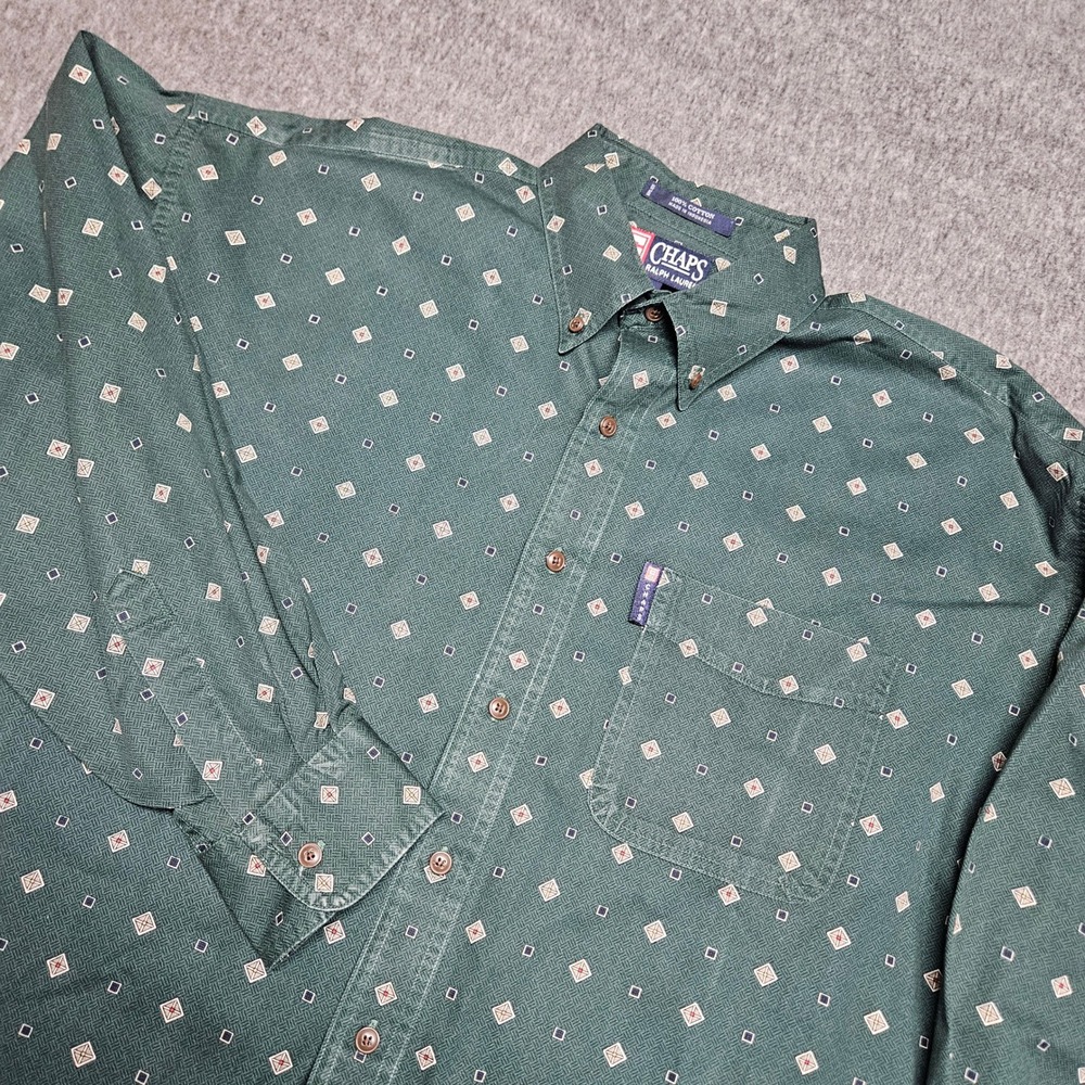 Chaps Button Down Shirt Mens L Green Geometric Diamond Print Long Sleeve